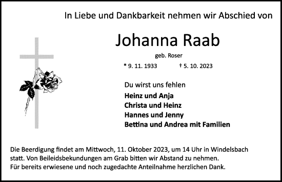 Traueranzeige von Johanna Raab von Rothenburg