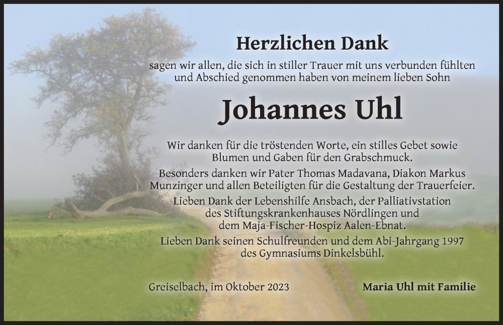  Traueranzeige für Johannes Uhl vom 28.10.2023 aus Dinkelsbühl/ Feuchtwangen