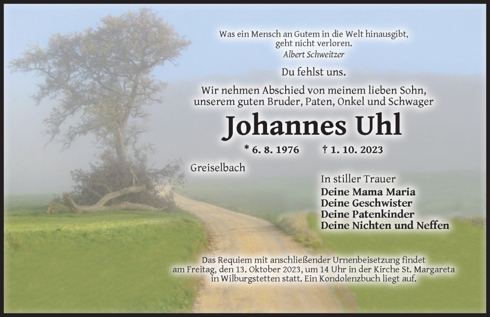  Traueranzeige für Johannes Uhl vom 11.10.2023 aus Dinkelsbühl/ Feuchtwangen
