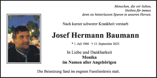 Traueranzeige von Josef Hermann Baumann von Rothenburg