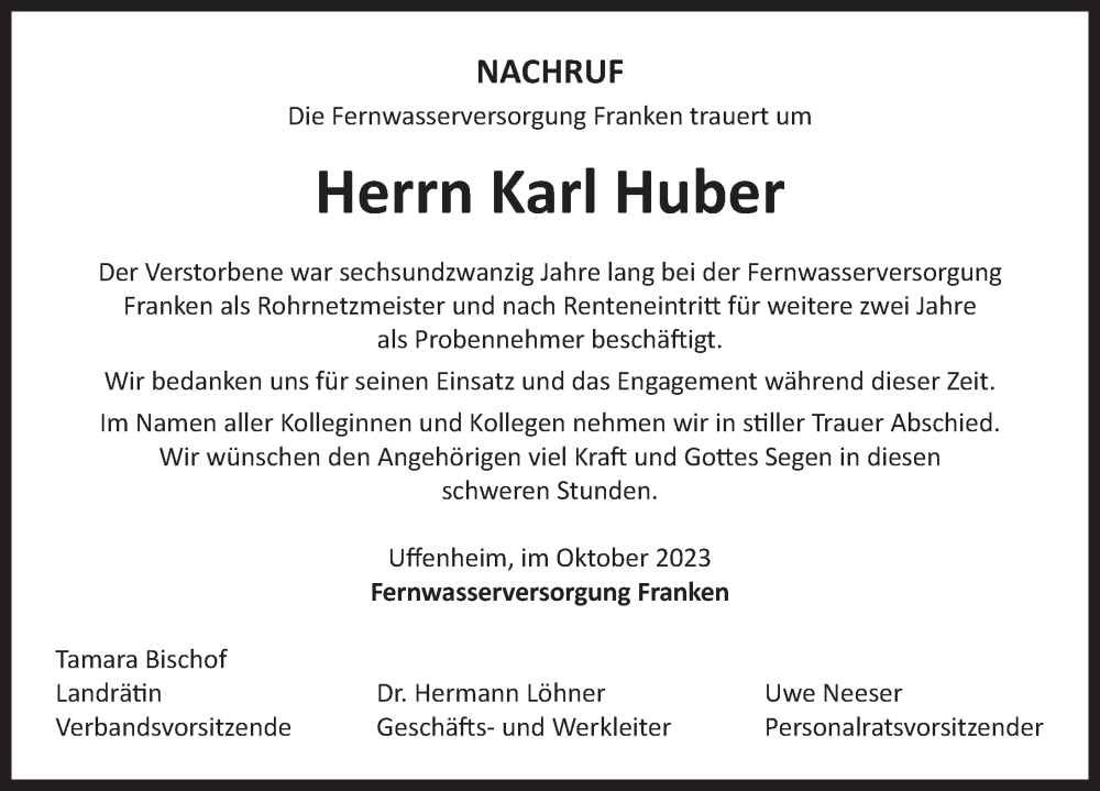  Traueranzeige für Karl Huber vom 07.10.2023 aus Dinkelsbühl/ Feuchtwangen