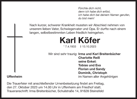 Traueranzeige von Karl Köfer von Neustadt/ Scheinfeld/ Uffenheim