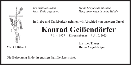 Traueranzeige von Konrad Geißendörfer von Neustadt/ Scheinfeld/ Uffenheim