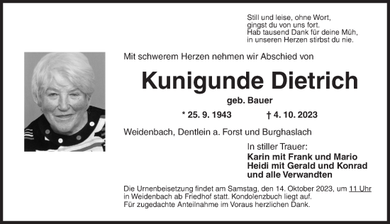 Traueranzeige von Kunigunde Dietrich von Ansbach