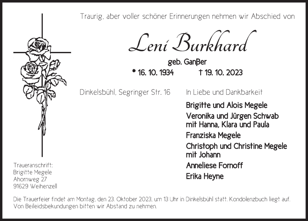  Traueranzeige für Leni Burkhard vom 21.10.2023 aus Dinkelsbühl/ Feuchtwangen