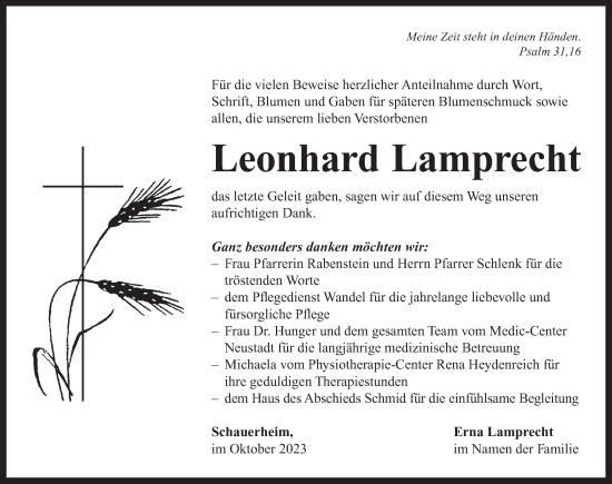 Traueranzeige von Leonhard Lamprecht von Neustadt/ Scheinfeld/ Uffenheim