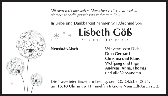 Traueranzeige von Lisbeth Göß von Neustadt/ Scheinfeld/ Uffenheim