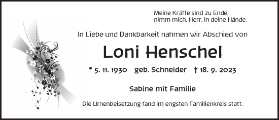 Traueranzeige von Loni Henschel von Neustadt/ Scheinfeld/ Uffenheim