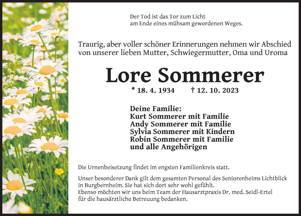  Traueranzeige für Lore Sommerer vom 21.10.2023 aus Neustadt/ Scheinfeld/ Uffenheim