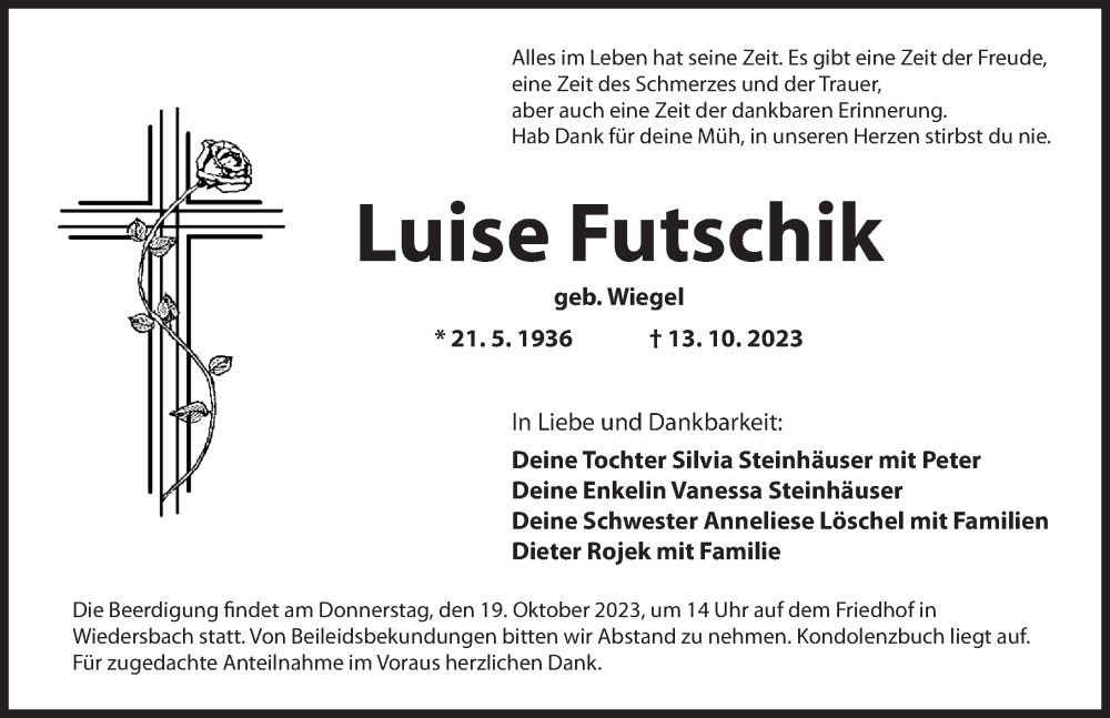  Traueranzeige für Luise Futschik vom 17.10.2023 aus Ansbach