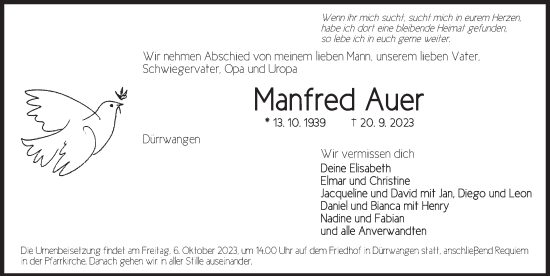 Traueranzeige von Manfred Auer von Dinkelsbühl/ Feuchtwangen