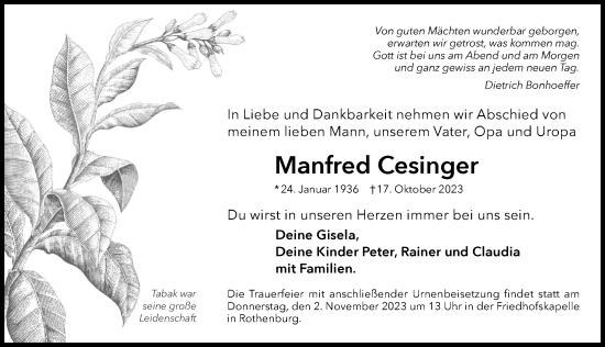 Traueranzeige von Manfred Cesinger von Rothenburg