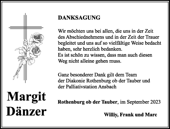 Traueranzeige von Margit Dänzer von Rothenburg