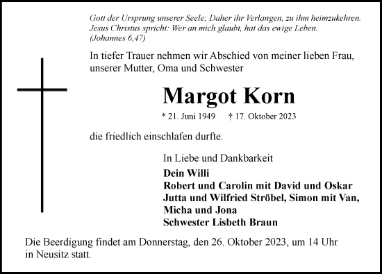 Traueranzeige von Margot Korn von Rothenburg