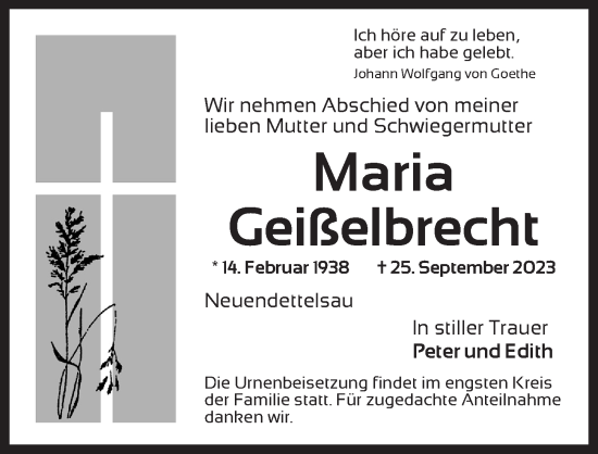 Traueranzeige von Maria Geißelbrecht von Ansbach