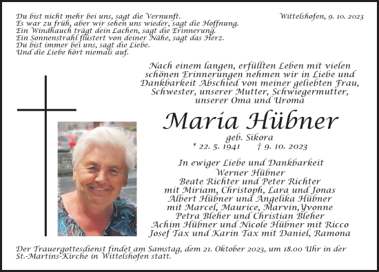 Traueranzeige von Maria Hübner von Dinkelsbühl/ Feuchtwangen