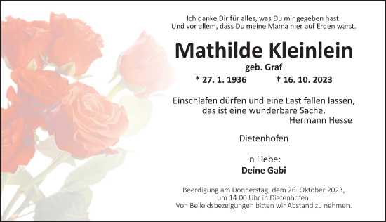 Traueranzeige von Mathilde Kleinlein von Ansbach