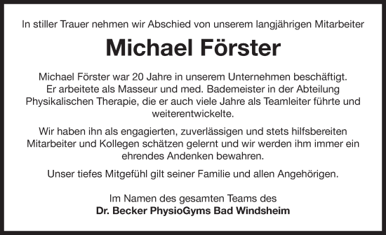 Traueranzeige von Michael Förster von Neustadt/ Scheinfeld/ Uffenheim