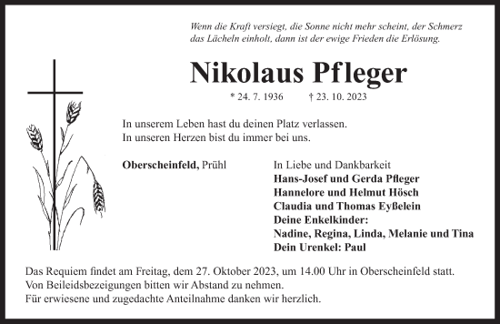 Traueranzeige von Nikolaus Pfleger von Neustadt/ Scheinfeld/ Uffenheim