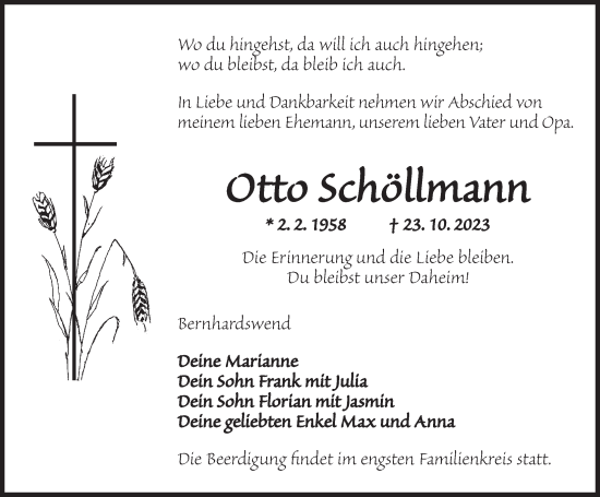 Traueranzeige von Otto Schöllmann von Dinkelsbühl/ Feuchtwangen