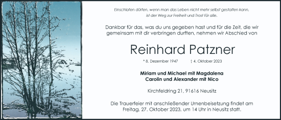 Traueranzeige von Reinhard Patzner von Rothenburg