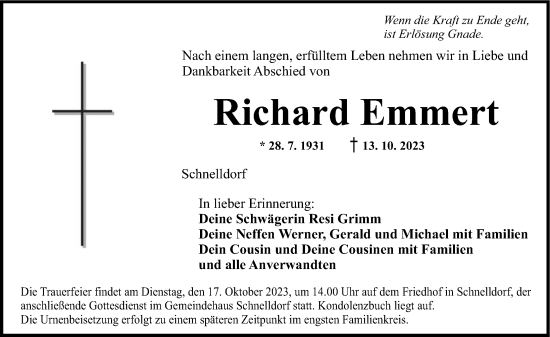 Traueranzeige von Richard Emmert von Dinkelsbühl/ Feuchtwangen