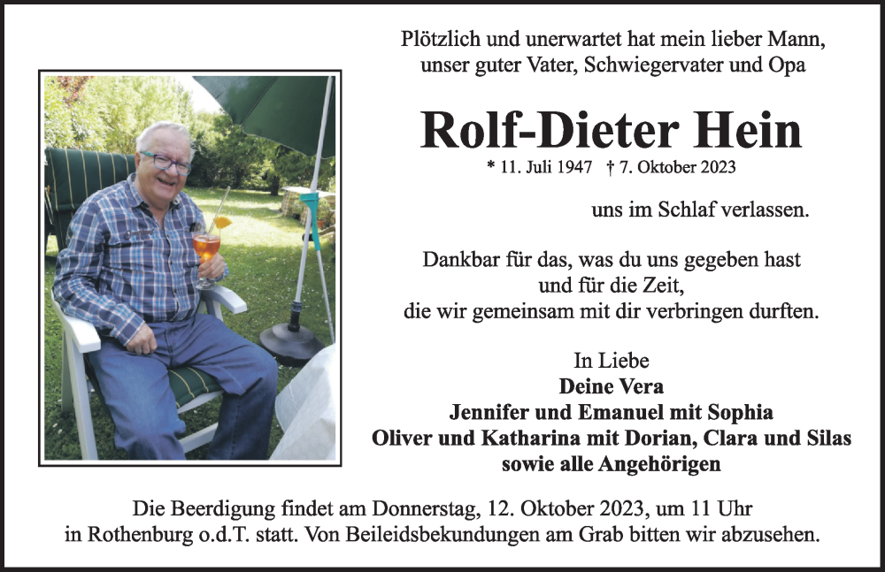  Traueranzeige für Rolf-Dieter Hein vom 11.10.2023 aus Rothenburg