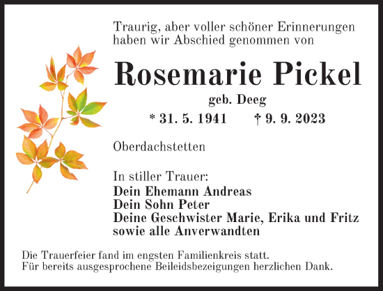 Traueranzeige von Rosemarie Pickel von Ansbach