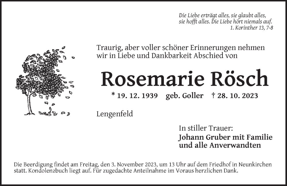  Traueranzeige für Rosemarie Rösch vom 31.10.2023 aus Ansbach