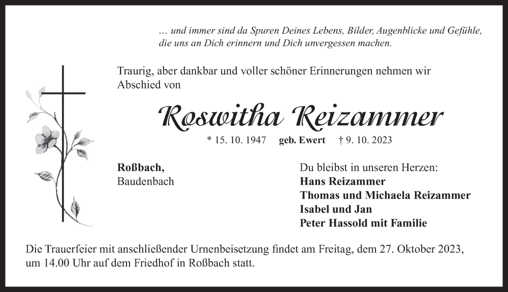  Traueranzeige für Roswitha Reizammer vom 21.10.2023 aus Neustadt/ Scheinfeld/ Uffenheim