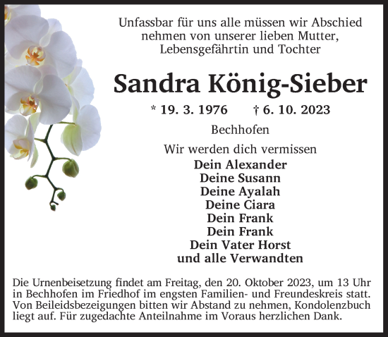 Traueranzeige von Sandra König-Sieber von Dinkelsbühl/ Feuchtwangen