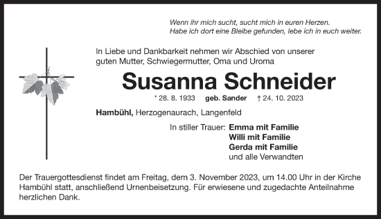 Traueranzeige von Susanna Schneider von Neustadt/ Scheinfeld/ Uffenheim