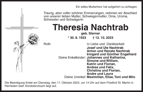 Traueranzeige von Theresia Nachtrab von Ansbach