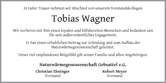 Traueranzeige von Tobias Wagner von Rothenburg