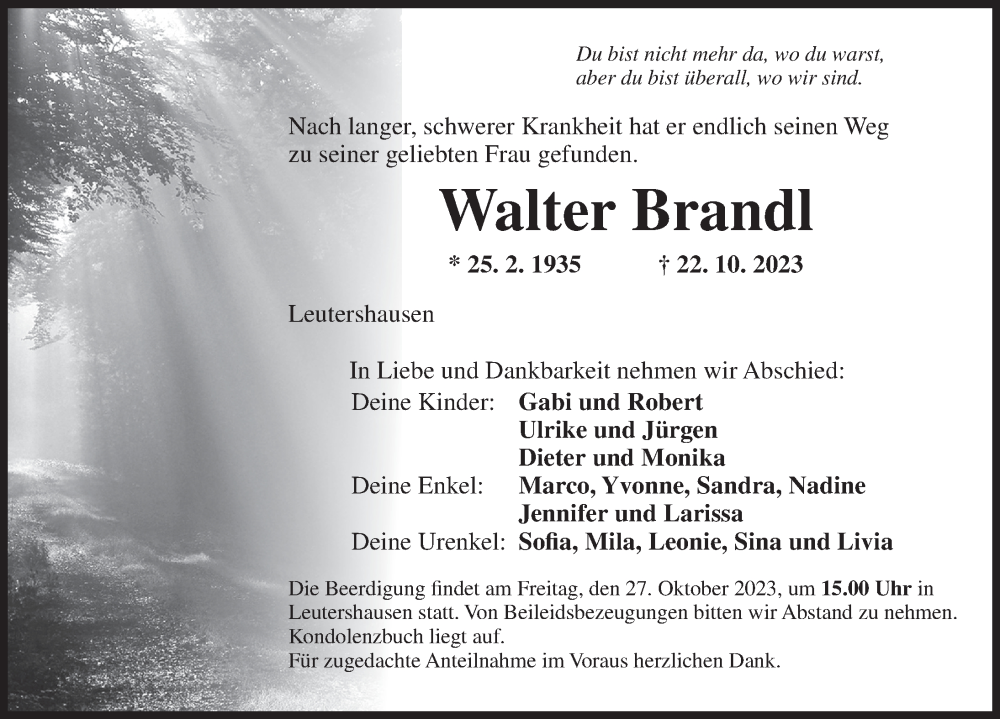  Traueranzeige für Walter Brandl vom 25.10.2023 aus Ansbach