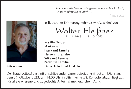 Traueranzeige von Walter Fleißner von Neustadt/ Scheinfeld/ Uffenheim