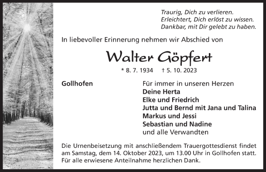 Traueranzeige von Walter Göpfert von Neustadt/ Scheinfeld/ Uffenheim