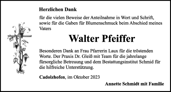 Traueranzeige von Walter Pfeiffer von Rothenburg