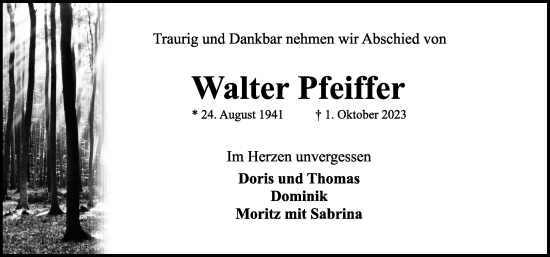 Traueranzeige von Walter Pfeiffer von Rothenburg
