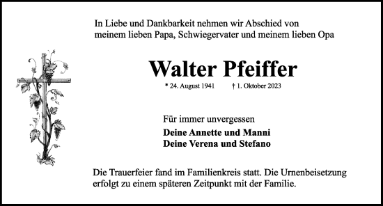 Traueranzeige von Walter Pfeiffer von Rothenburg
