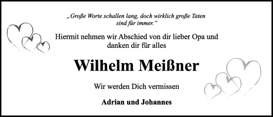 Traueranzeige von Wilhelm Meißner von Rothenburg