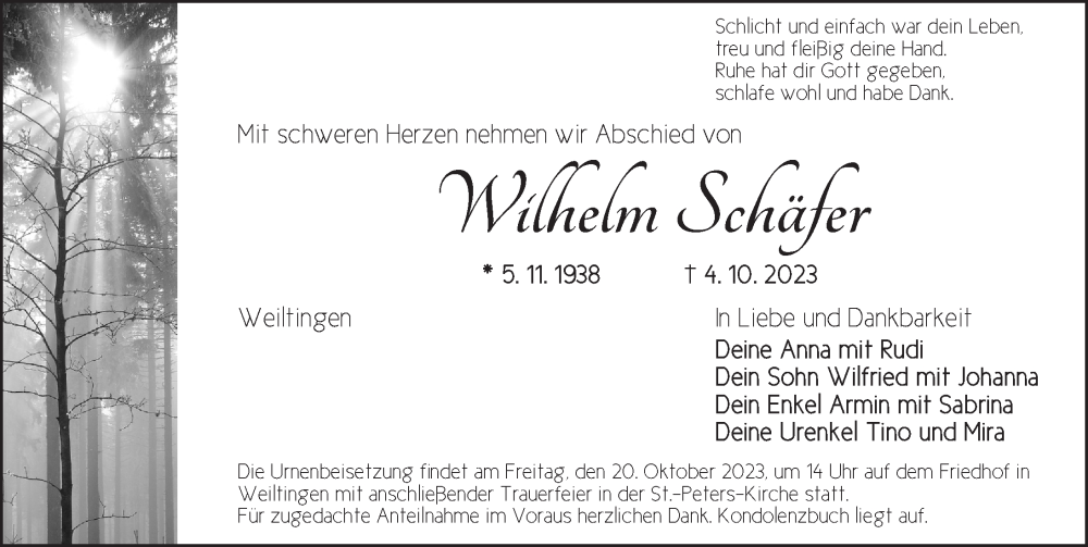 Traueranzeige für Wilhelm Schäfer vom 17.10.2023 aus Dinkelsbühl/ Feuchtwangen