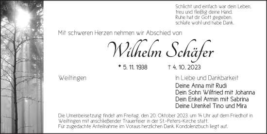 Traueranzeige von Wilhelm Schäfer von Dinkelsbühl/ Feuchtwangen