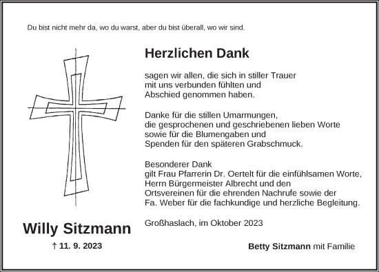 Traueranzeige von Willy Sitzmann von Ansbach