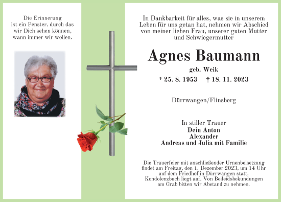 Traueranzeige von Agnes Baumann von Dinkelsbühl/ Feuchtwangen