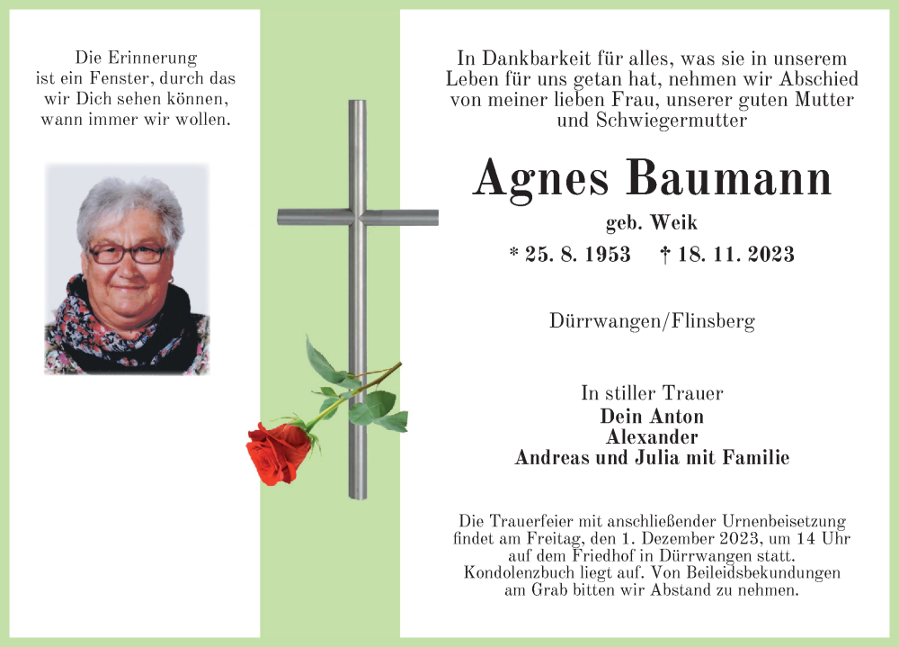  Traueranzeige für Agnes Baumann vom 29.11.2023 aus Dinkelsbühl/ Feuchtwangen