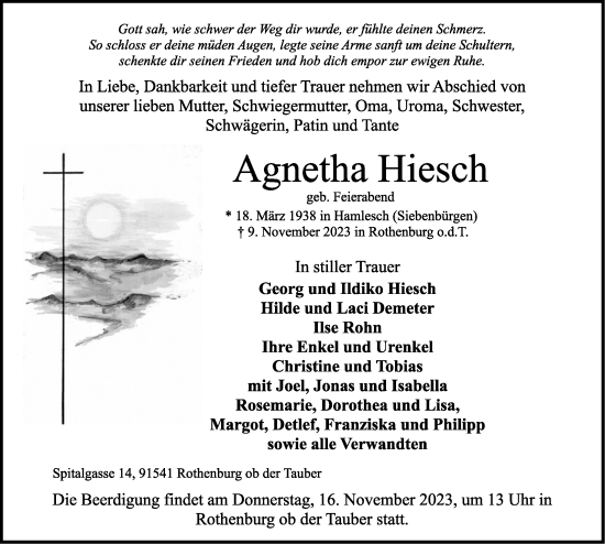 Traueranzeige von Agnetha Hiesch von Rothenburg