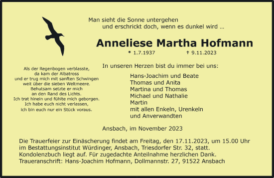 Traueranzeige von Anneliese Martha Hofmann von Ansbach