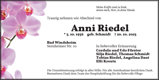 Traueranzeige von Anni Riedel von Neustadt/ Scheinfeld/ Uffenheim