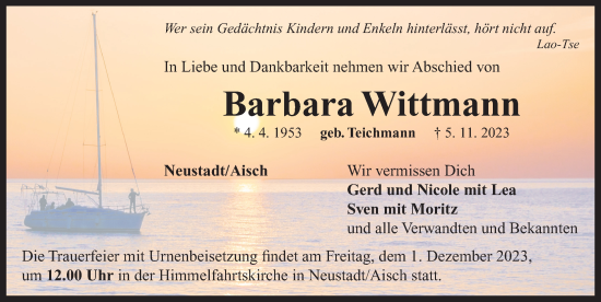 Traueranzeige von Barbara Wittmann von Neustadt/ Scheinfeld/ Uffenheim